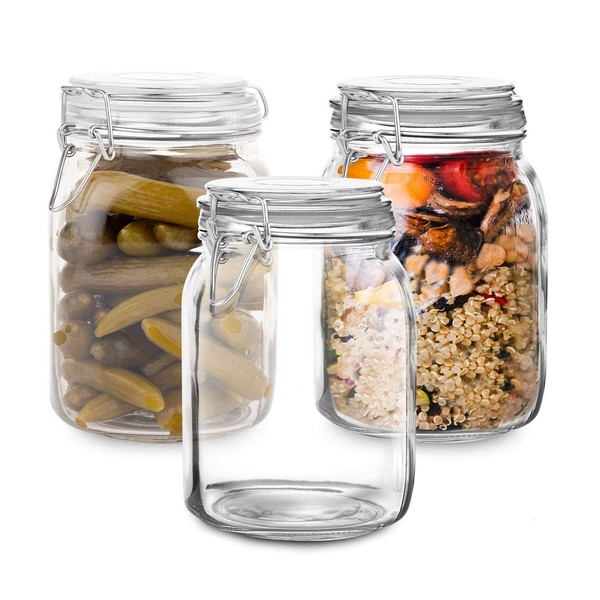 Set of 3 Glass Mason Jar with Lid (1 Liter) | Airtight Glass Storage Container for Food, Flour, Pasta, Coffee, Candy, Dog Treats, Snacks & More | Glass Organization Canisters | 34 Ounces