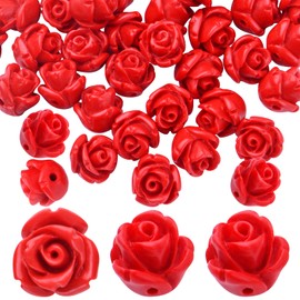 50pcs Cinnabar Carved Rose Beads Rose Flower Loose Beads for DIY Earrings Necklace Bracelet Jewelry Making Supplies Wedding Party Anniversary Favor Gifts, 10 mm x 8 mm, Hole: 1.5 mm