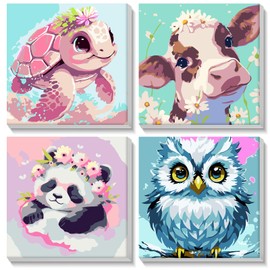 NAIMOER Framed Paint by Numbers, 4Pack Animals Paint by Numbers Canvas for Kids Adults, Kids' Paint by Number Kits, DIY Acrylic Cartoon Animals Oil Painting with Wooden Easel (8x8inch)