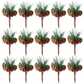 CHRORINE 15 Pcs Artificial Pine Cone Picks and Red Berry Mini Artificial Pine Tree for Christmas Party Flower Wreaths and Holiday Decorations