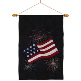 Fourth of July American Fireworks Flag Pole Kit for Independence Day Applique House Banner Wood Dowel Wall Scroll Garden Decor Decoration USA Poster Home Room Tapestry Patriotic Canvas Gifts
