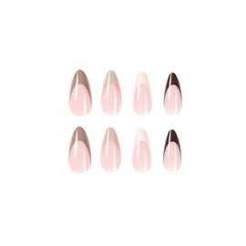 MERVF Almond Press on Nails Medium Fake Nails Brown French Tip Glue on Nails Fall Stiletto Acrylic Nails White False Nails 24pcs Glossy