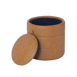 HomePop Storage Round Ottoman with Removable Lid Home Décor|Upholstered Round Velvet Foot Rest Ottoman - Carmel Faux Leather