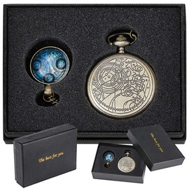 Tiong Nostalgia Retro Quartz Pocket Watch with Necklace Chain Blue Pendant & Gift Box (Blue)
