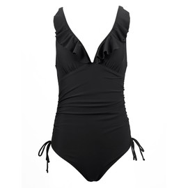 IECCP Black One Piece Swimsuits for Women Ruffled Tummy Control Tie Back High Waisted Swim Suits for Women 2024 M