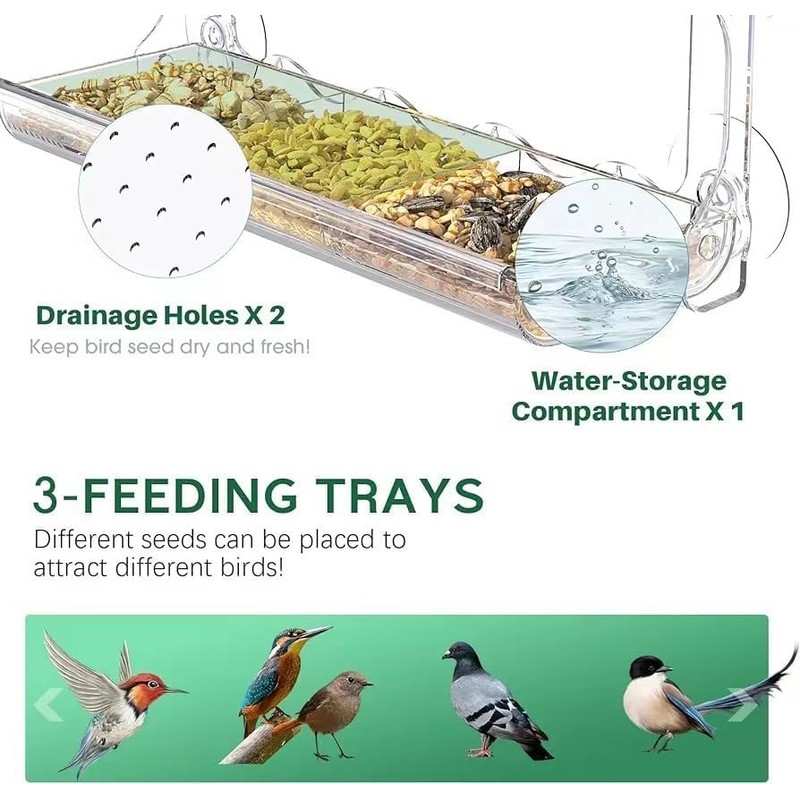 Window Bird Feeder for Outdoors with Large Feeding Trays, Clear