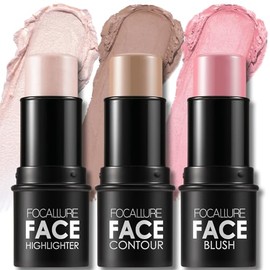 FOCALLURE 3 barras de contorno en crema, tonos con iluminador y bronceador y rubor, lápiz de contorno facial no graso de larga duración, fácil de escu