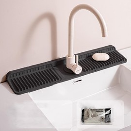 Kitchen Sink Splash Guard, 6° Slope Silicone Faucet Mat for Kitchen Sink, Fasten Button Design, Handle Drip Catcher Tray Behind Faucet RV/Bathroom Safe