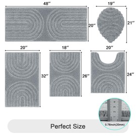 HEBE Bathroom Rugs Set 5 Piece, Plush Absorbent Bath Mats for Bathroom, Non Slip Machine Washable Bath Mat Set with Toilet Cover, Bath Runner and U-Shaped Contour Toilet Rug, Light Grey