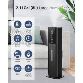 Humidifiers for Bedroom, 2.11Gal 8L Quiet Humidifiers for Large Room with Timer, 360°Nozzle, 3 Speed Ultrasonic Cool Mist Humidifier with Humidistat for Baby Home Adults Plants