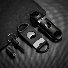 CIGARLOONG Cigar Cutters with Cigar Punch, Double Guillotine Cutter Sharp Blades Scissors Pocket Cigar Tool Suitable for Most of Size Cigars,3pcs (Black)