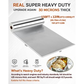 Katbite Aluminum Foil Roll, Heavy Duty 12inx150ft, 30 Micron Thick Strong Foils Aluminum Roll with Cutter for Home Cooking, Catering, Grilling,150Sqft