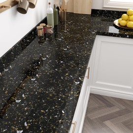 FunStick 24"x200" Black Granite Countertop Contact Paper Marble Contact Paper for Countertops Cabinets Waterproof Self Adhesive Black Gold Marble Wallpaper Peel and Stick Countertops for Kitchen Walls