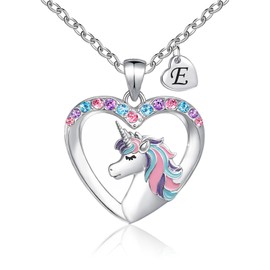 Wayyogh Unicorn Necklace for Girls, Silver Heart with Initial E, Fashion Jewelry, 19" Chain, Stainless Steel with CZ, Girls Aged 8-16