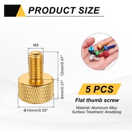 sourcing map 5 Pcs M5x12mm Flat Head Knurled Thumb Screws, Solid Aluminum Alloy Fully Threaded Thumbscrew Bolts Fasteners for PC Computer Cases Graphics Card, Gold