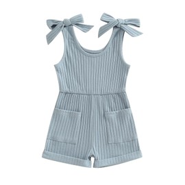 Shejingb Toddler Girl Summer Clothes Sleeveless Romper Solid Jumpsuit Shorts Overalls Ribbed Halter One Piece Outfit (Pocket Knit Blue, 3-4T)