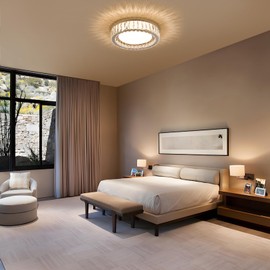 Suenigle Modern K9 Crystal Dimmable LED Flush Mount Ceiling Light,15 Inch 36W/5CCT 3000K-6000K Luxury Chrome Round Close to Ceiling Lighting Fixtures for Living Room,Kitchen,Bedroom,Dining Room