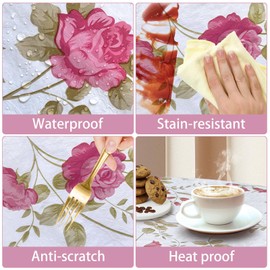 Round Vinyl Tablecloth, 60 Inch Round Tablecloth with Flannel Backing, Waterproof Stain-Resistant PVC Table Cloth Covers with Lace Trim for Round Table (Red Flower)