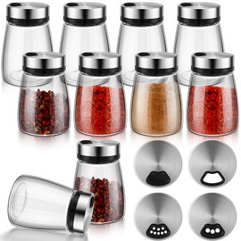 Zhehao 10 Pcs Salt Pepper Shakers Set with Adjustable Pour Holes Stainless Steel Spice Dispenser 6oz Clear Glass Seasoning Containers for Kitchen Restaurant Home BBQ Camping Farmhouse Accessories