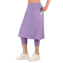 ANIVIVO Women Long Knee Length Skirt with Capris Leggings,Skirted Leggings with High Waisted Zipper Pockets(Lightpurple,L)