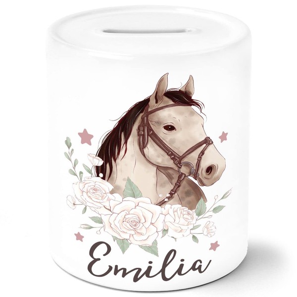 SpecialMe® Children's Money Box with Name Personalised Horse Girl Gift Girl Name Gifts Piggy Bank Ceramic White Money Box
