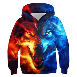 TUONROAD Novelty Sweatshirts for Boys 14 15 16 Years 3D Print Hooded Outfits Wolf Blue Red Outdoor Pullover Hoodies Fashion for School Day