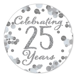 Silver 25th Anniversary Stickers - 40 Labels, 1.75” Round, Celebrating 25th Years - Wedding or Business Anniversary Party Favors Decorations