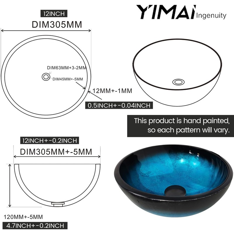 YIMAI Ingenuity Vessel Sink 12" Bathroom Sinks Tempered Glass Blue