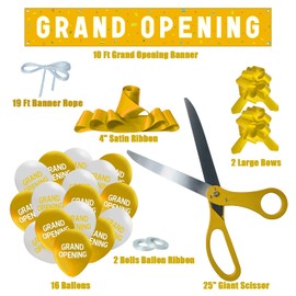 Grand Opening Gold Ribbon Cutting Ceremony Kit - 25" Giant Scissors with gold Satin Ribbon, Banner, Balloons,Bows and More Supplies Grand Opening Decorations for Business