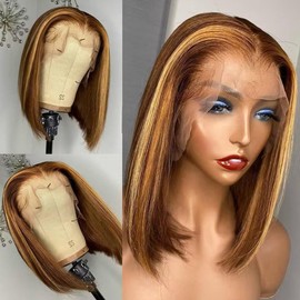 PANDA ANGEL 4/27 Highlight Bob Lace Front Wigs Human Hair Wear and Go Glueless Ombre Honey Blonde Highlight Bob Wig Human Hair HD Transparent Straight Short Bob Wigs For Black Women 16 Inch