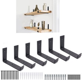 Shelf Brackets 6 Pack Heavy Duty Floating 7.25"L x 6.0"H x 1.5"W Black Metal Shelves Wall Mounted Rustic Iron J Shelf Brackets with Lip for DIY Open Shelving Brackets