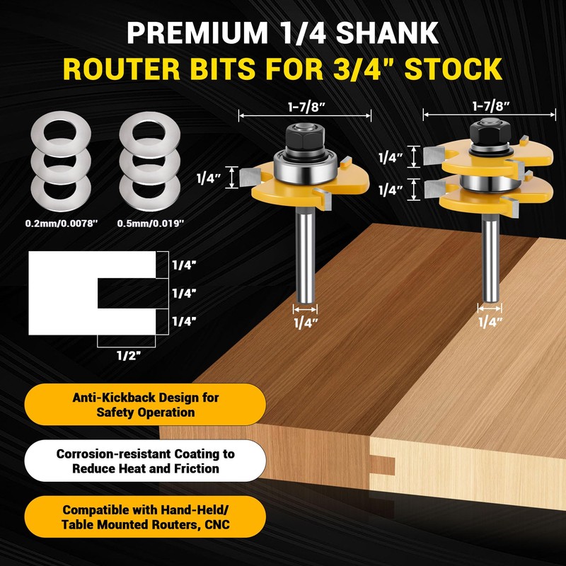 Junreox 2PCS Tongue and Groove Router Bit Set, 3rd Gen.