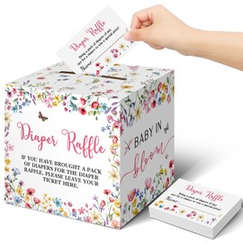 Teling 51 Pieces Diaper Raffle Tickets with Card Box Baby Shower Decorations Baby Shower Holder Box for Girl Boy Diaper Raffle Party(A Wildflower is on The Way)