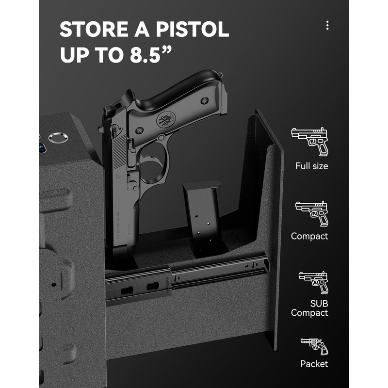 HOLEWOR Gun Safe, Slider Biometric Pistol Safe Fingerprint Bedside Gun