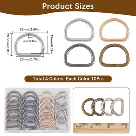 SOFPLATE 1 Box 0.75 Inch 40Pcs 4 Colors Metal Webbing Buckle D Ring Set Hardware Mini Non-Welded Heavy Duty Small Semi Circular Clip Clasp D-rings Sewing Accessories for Key Webbing Belt Bag Dog Leash