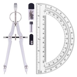 Unjoo Compass and Protractor Set, Professional Drawing Compass Tool, Metal Compass with Extra Refills, Compass for Geometry and 6 Inch Math Protractors 180 Degree (Silver)