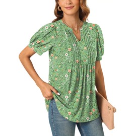 Anyally Womens Plus Size Summer Dressy Casual Blouse Puff Short Sleeve Tunic Tops Pleated T-Shirts for Work, 2XL Green Sparrow