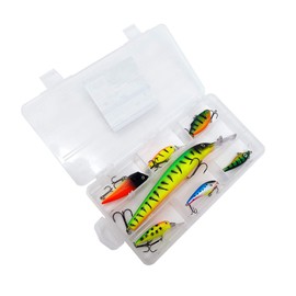 FLADEN Fishing - 7 Piece Assorted Floating PLUGBAIT Lure Pack with Double Trebles - Comes In Own Transparent Sectional Tackle Box - For Freshwater Fishing Species Pike Perch Zander[19-104]