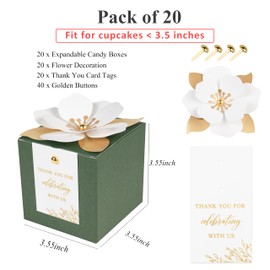 FEIYI 20 PCS Gift Boxes, 3 In 1 Olive Green Favor Boxes with Floral Decor, White Thank You Tags Cupcake Containers Gift wrapping for Wedding, Baby Shower, Birthday, Decorations Party - 3.55x3.55x3.55