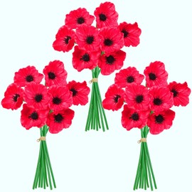 Pack of 24 Artificial Flowers Like Real - Lifelike Red Poppies PU Material for Wedding Home Decoration