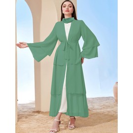 APRROOT Muslim Abaya Dress for Women Modest Muslim Robe Open Front Maxi Length Kaftan Muslim Dubai Dress with Hijab Belt Mint Green L