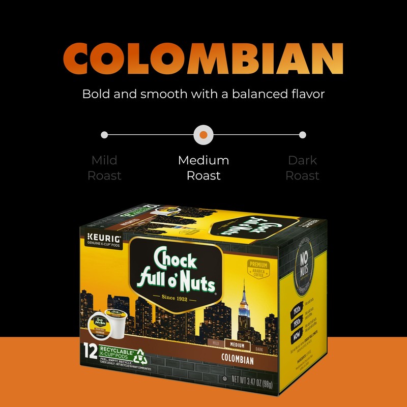 Chock Full o'Nuts Colombian Coffee, Compatible with K-Cup Pods, 12