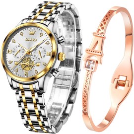 OLEVS Womens Watch Gifts Bracelet Set Rose Gold for Lady Female Business Dress Ladies Watch Casual Analog Waterproof Luminous Two Tone Wrist Watch Silver