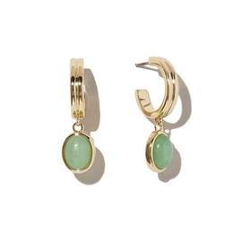 Simple Real Jade Pendant Hoop Earrings for Women, 18K Gold Plated Green Aventurine Jewelry for Women