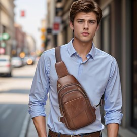 SUIKIHUM Full-Grain Leather Crossbody Bags for Men Women, Vintage Genuine Leather Sling Bag, Trendy Casual Chest Bag, Light Brown