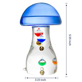 Lily's Home Galileo Thermometer - Mushroom, Measures from 64ºF to 80ºF, Galileo Thermometer for Indoor Home Décor, Galileo Glass Thermometer for Home, Office or Covered Patio - 3.15” x 5.55”