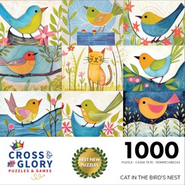 Cat in The Bird's Nest Jigsaw Puzzle - Whimsical 1000-Piece Colorful Birds & Cat Collage - Exclusively from Cross & Glory