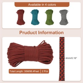 MECCANIXITY 550 Paracord 100 Feet, 2 Pcs 4mm 7 Strand Parachutes Cord Spool Survival Strong Rope String for Camping Hiking Fishing, Red/Black