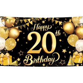 KatchOn, Black and Gold Happy 20th Birthday Banner - Large, 72x44 Inch | 20th Birthday Banner, Cheers To 20 Years | 20th Birthday Decorations for Men | Black and Gold 20 Birthday Decorations For Him