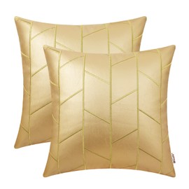 BRAWARM Faux Leather Pillow Covers 16 X 16 Inches, Gold Leather Pillow Covers Pack of 2, Geometric Embroidery Leather Decorative Throw Pillows for Living Room Couch Bed Sofa Home